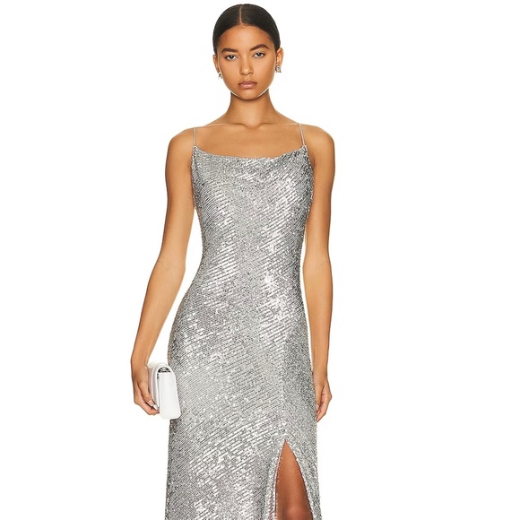 Jonathan Simkhai Silver Finley All Over Sequined Lined Dress Gown IT44 - Picture 9 of 16